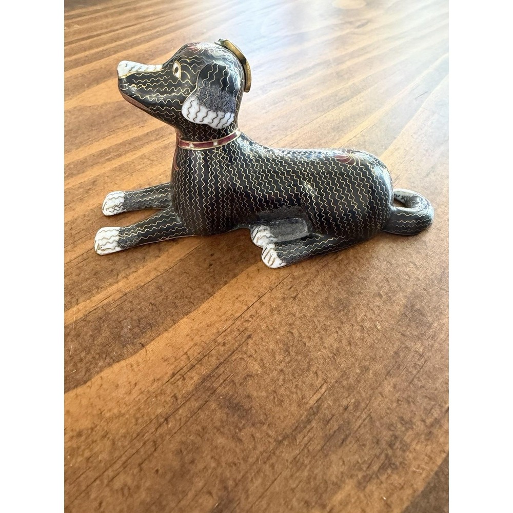 Vintage Chinese Cloisonne Enamel Reclining Laying Dog Figurine Brass 5" MCM